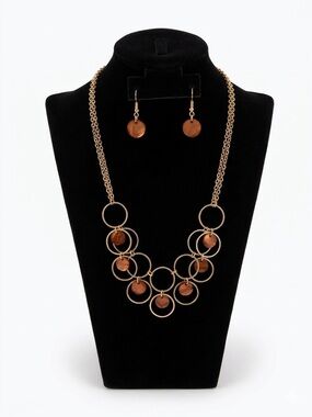 Gold Tone Boho Circle Drop Necklace & Earring Set